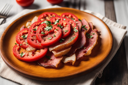 Slices of smoked meat with tomatoes and parsley on a plateの素材