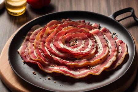 slices of bacon on a black plate on a wooden tableの素材