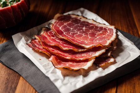 Slices of dry-cured ham on a wooden tableの素材