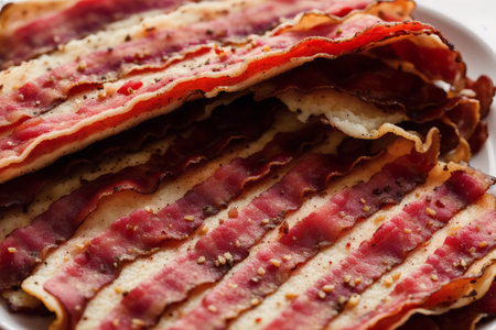 Slices of smoked bacon on a plate. Close up.の素材