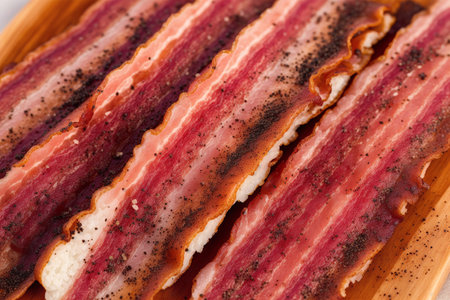 Slices of smoked bacon on a wooden plate. Close-up.の素材