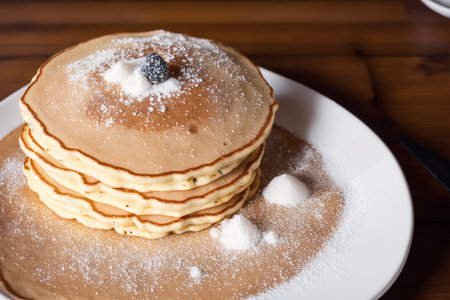 Stack of pancakes with blueberries and sugar powder on a white plateの素材