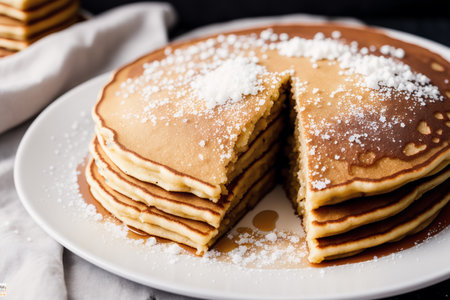 Stack of pancakes with sugar powder on a white plate, selective focus.の素材