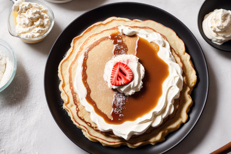 Sweet pancakes with whipped cream and strawberries on a plate, top viewの素材
