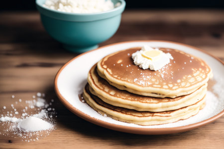 Pancakes with cottage cheese and sour cream on a wooden tableの素材