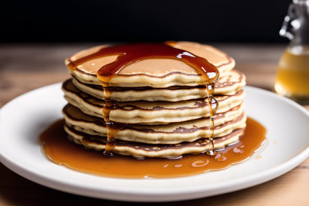 Stack of pancakes with maple syrup on a wooden table, selective focusの素材