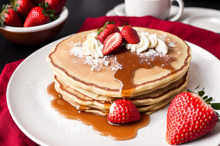 pancakes with strawberries and whipped cream on a black wooden backgroundの素材