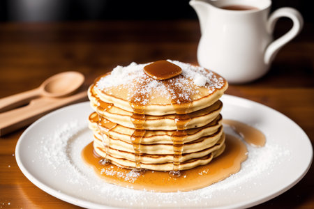Pancakes with maple syrup and caramel on a wooden table.の素材