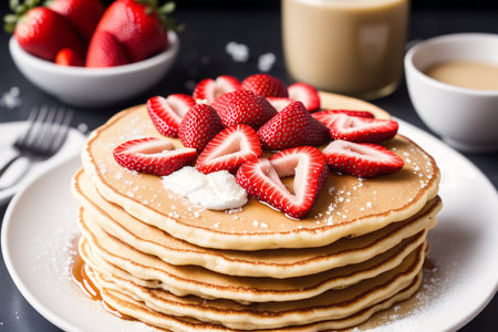 Stack of pancakes with strawberries and whipped cream on a black background.の素材