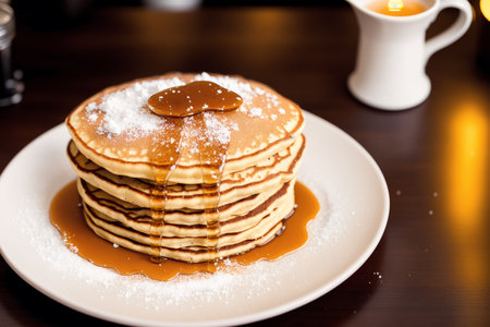 Stack of pancakes with maple syrup and sugar powder on wooden table.の素材
