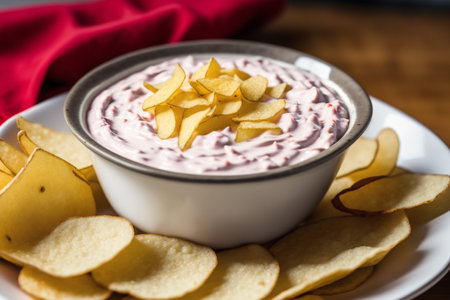 Crispy potato chips and yogurt dip on a white plate.の素材