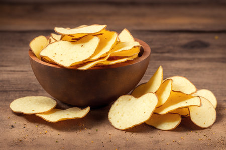 Potato chips in a bowl on wooden background. Toned.の素材