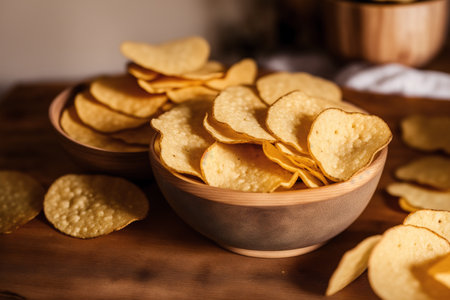 Potato chips in a bowl on a wooden background, selective focus.の素材