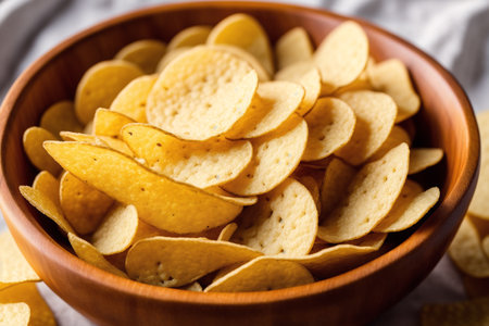 Potato chips in a wooden bowl on a white background. Selective focus.の素材