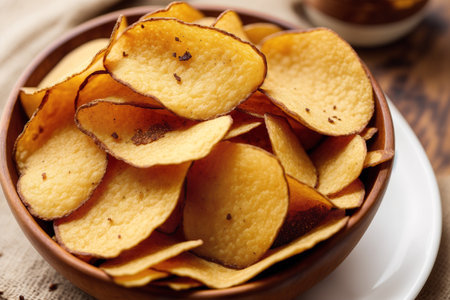Potato chips in a bowl on a wooden background. Selective focus.の素材