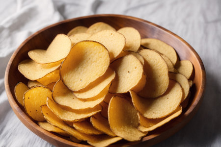 Potato chips in a wooden bowl on a white tablecloth.の素材