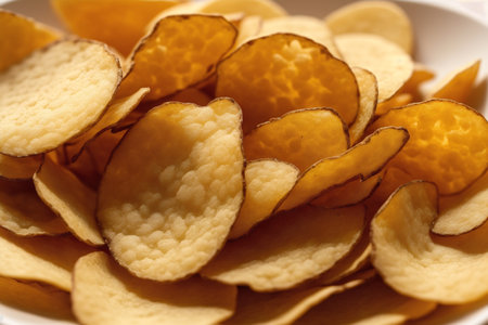 Potato chips in a bowl, close-up. Snackの素材