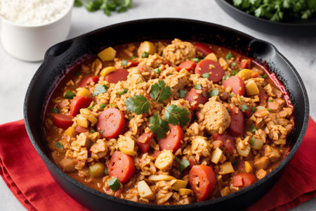 chicken paella in a cast iron pan on a concrete backgroundの素材