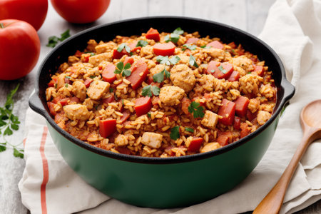 Pilaf with meat and vegetables in a pan on a wooden tableの素材