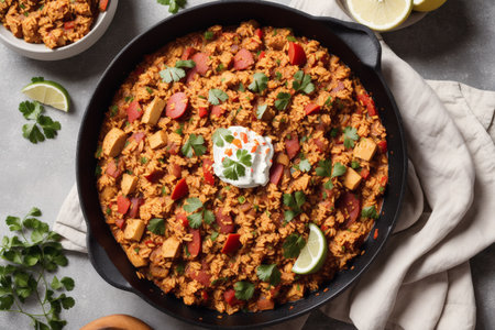 Traditional mexican con carne in a cast iron skillet.の素材