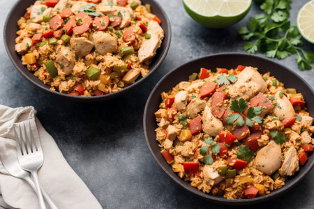 Pilaf with chicken and vegetables in bowls. Traditional Indian dish.の素材
