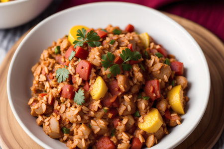 Rice with meat, tomato and parsley in a bowl close-up. horizontalの素材