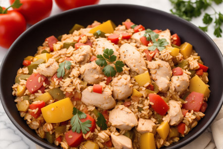 pilaf with chicken and vegetables, close-up, horizontalの素材