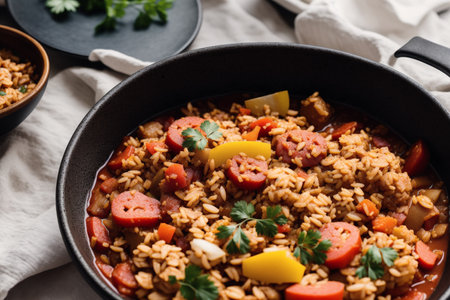 Pilaf with sausages and vegetables in a frying panの素材