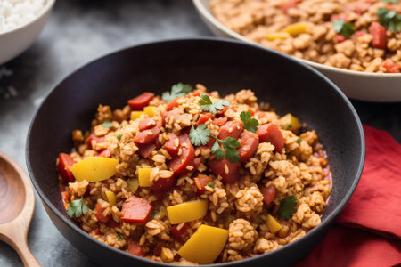 Pilaf with meat and vegetables in a black bowl on the tableの素材