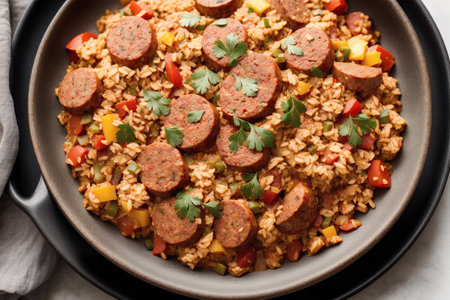 Rice with sausages and vegetables in a pan, top viewの素材