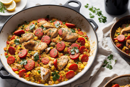 Pilaf with chicken, rice and vegetables in a pan.の素材