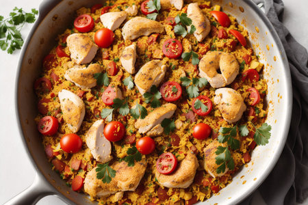 Frying pan with tasty chicken paella on table, closeupの素材