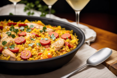 Pilaf with chicken and sausages in a frying panの素材