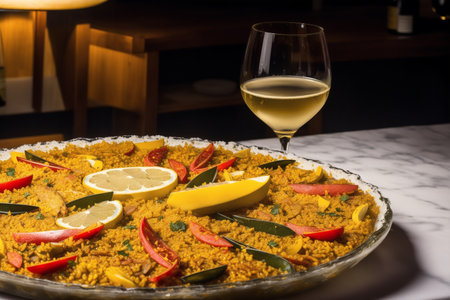 Spanish paella served on a plate with a glass of white wineの素材