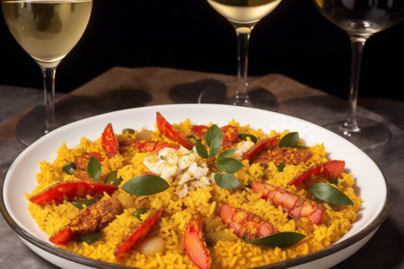 Seafood paella served on a plate with two glasses of white wineの素材