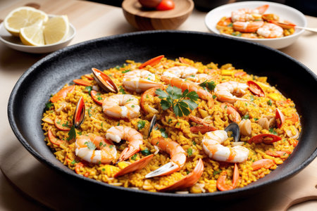 Paella with seafood, typical spanish dish in a frying panの素材