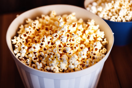 Popcorn in a white bowl on a wooden table. Toned.の素材