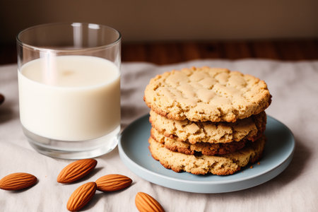 Glass of milk and oatmeal cookies on a blue plate with almondsの素材