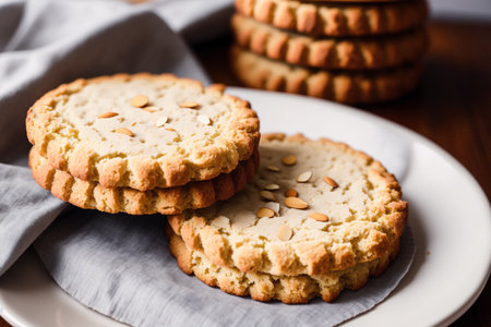Homemade shortbread cookies with sunflower seeds on a white plateの素材