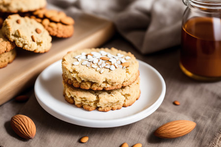 Homemade oatmeal cookies with almonds on a wooden background. Selective focus.の素材
