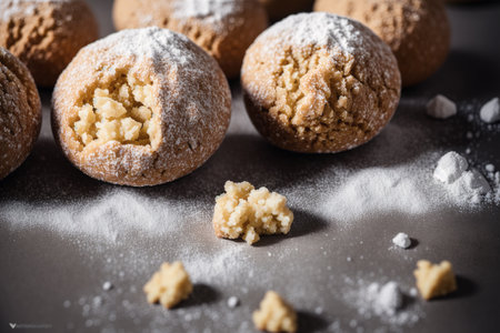 Cookies sprinkled with powdered sugar on a dark background. Selective focus.の素材