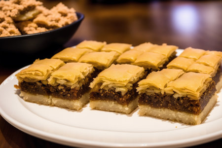 Traditional turkish dessert baklava with cashew, walnuts. Homemade baklava with nuts and honey.の素材
