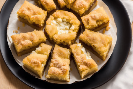 Slices of cottage cheese pie on a black plate on a wooden tableの素材