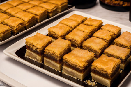 Traditional turkish dessert baklava with cashew, walnuts. Homemade baklava with nuts and honey.の素材