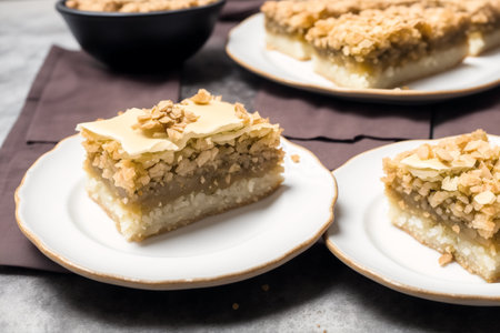 Piece of almond cake on a plate, selective focus, close upの素材
