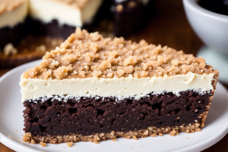 A piece of chocolate cake on a white plate. Selective focus.の素材