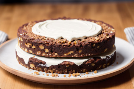 Chocolate cake with cream and nuts on a wooden table, closeupの素材