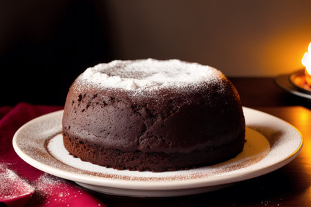 Chocolate cake with icing sugar on a white plate on a dark backgroundの素材