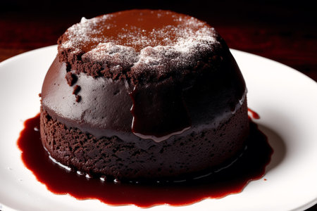 Chocolate cake on a white plate on a dark wooden background.の素材