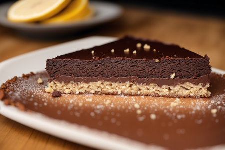 A piece of chocolate cake on a white plate, close-upの素材